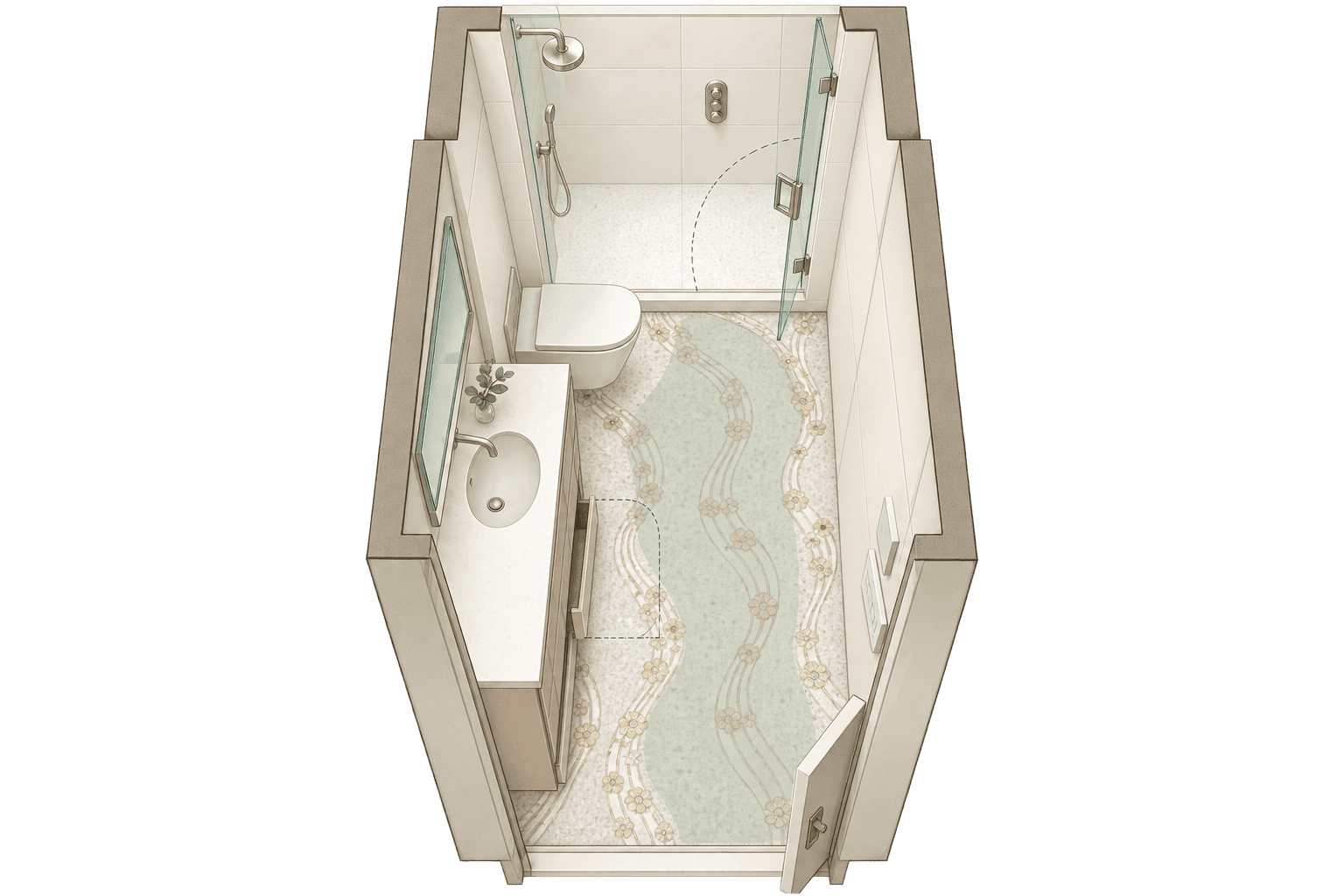 Conceptual overhead cutaway of a narrow bathroom, with a vanity, toilet, shower, and the shared walking passage highlighted.