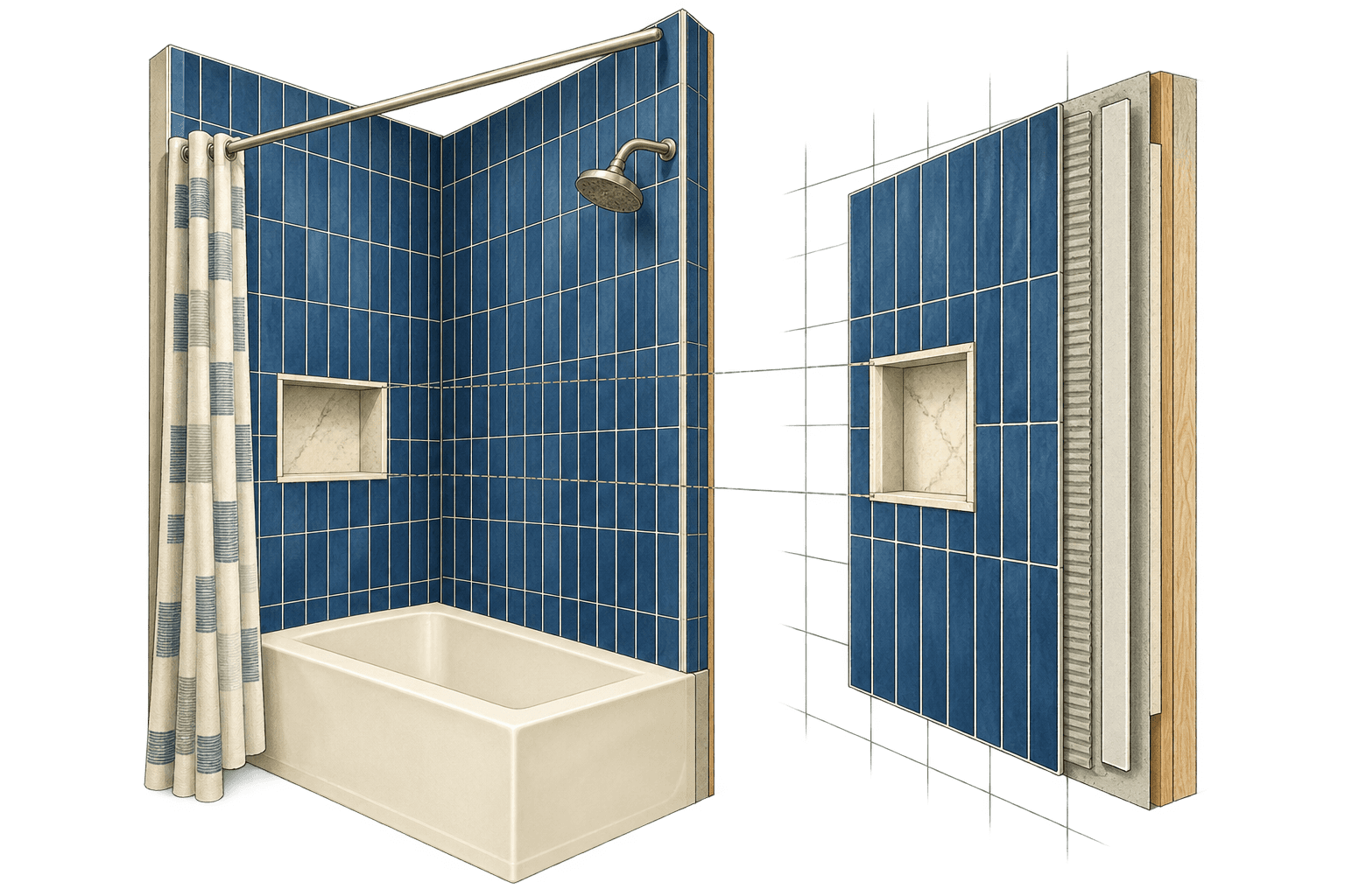 Conceptual cutaway of a blue-tile tub surround and separate niche panel, illustrating the relationship between tile joints and opening position.