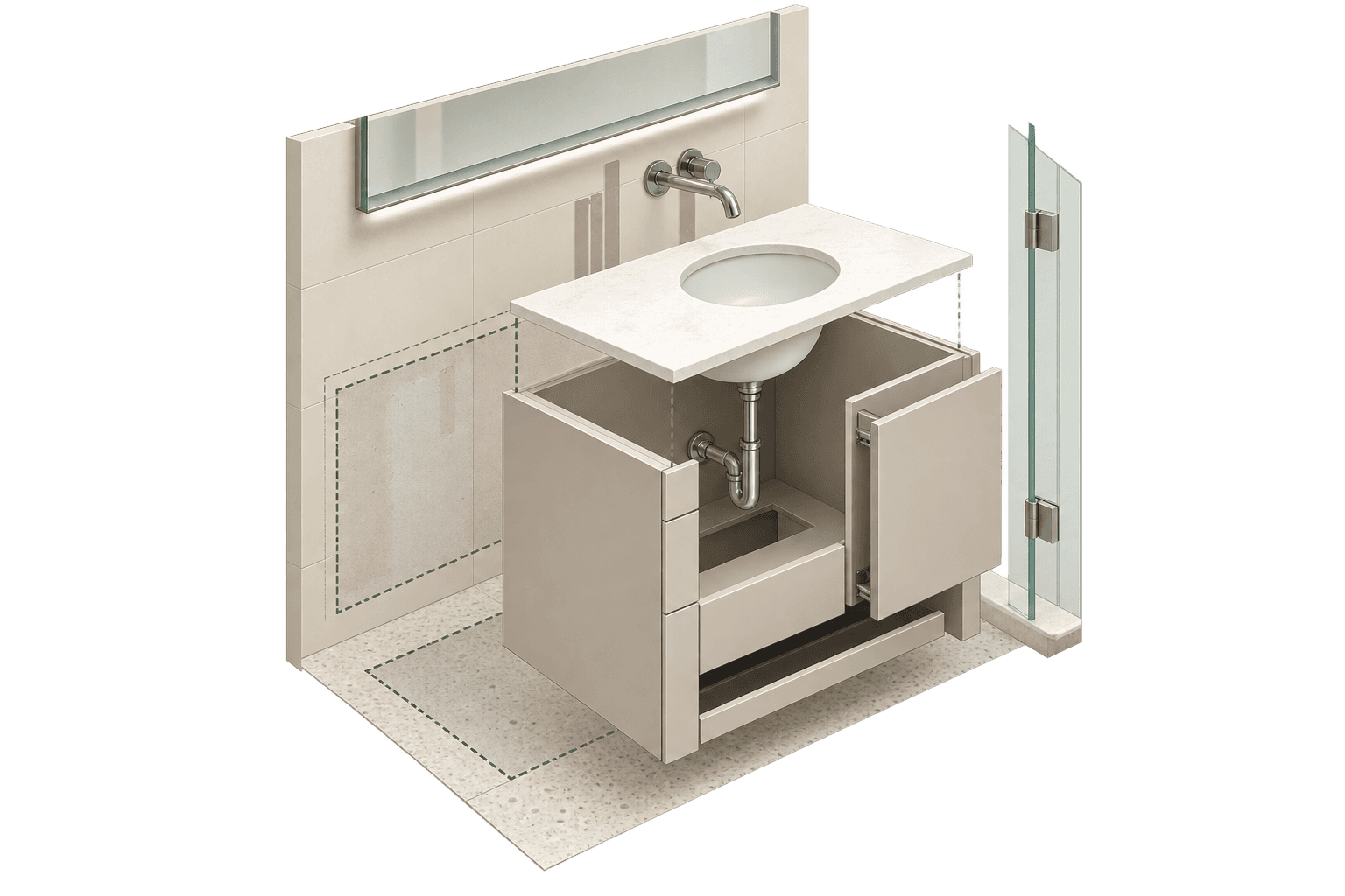 Conceptual vanity installation study showing a cabinet, plumbing space, wall repair area, and the adjacent floor footprint as separate elements.