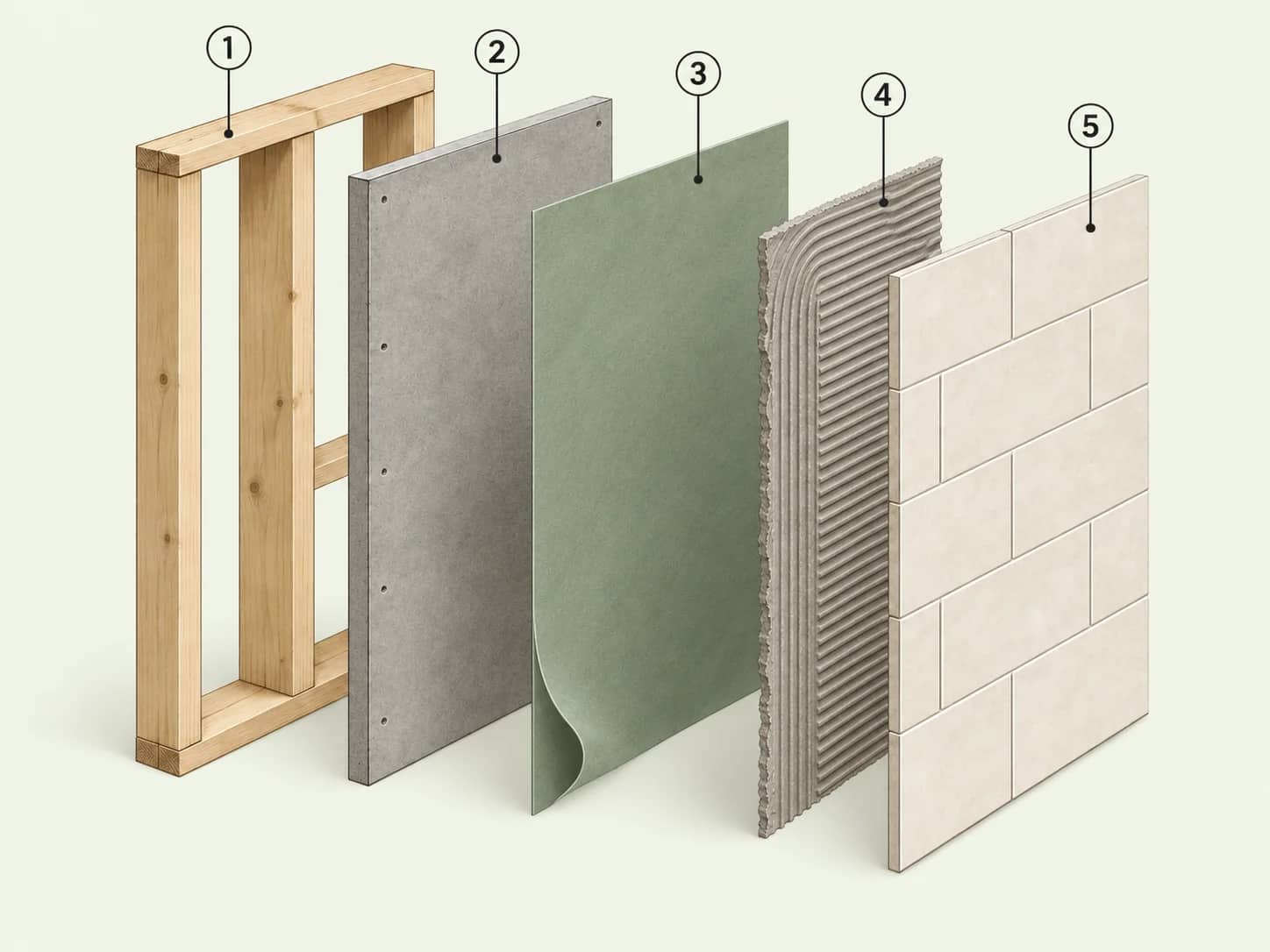 Exploded schematic of a shower wall with five numbered layers: framing, backing, a thin sheet membrane, setting mortar, and tile.